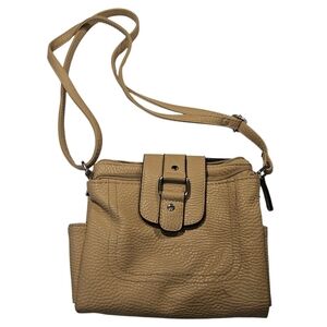 Beige Pebbled Faux Leather Crossbody Purse – Multi-Pocket Organizer Bag